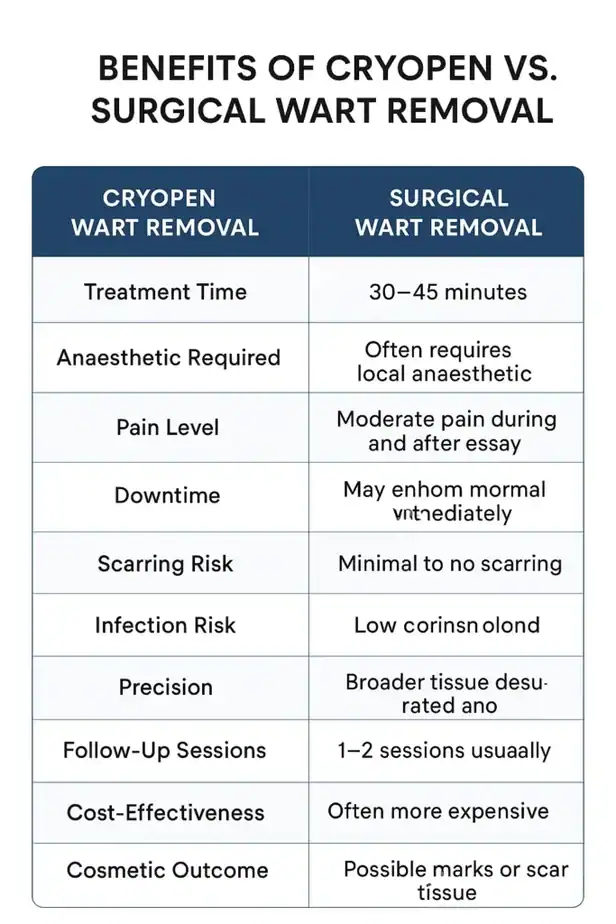 Table showing the benefits of cryopen to remove warts Uppingham compared to surgical treatment